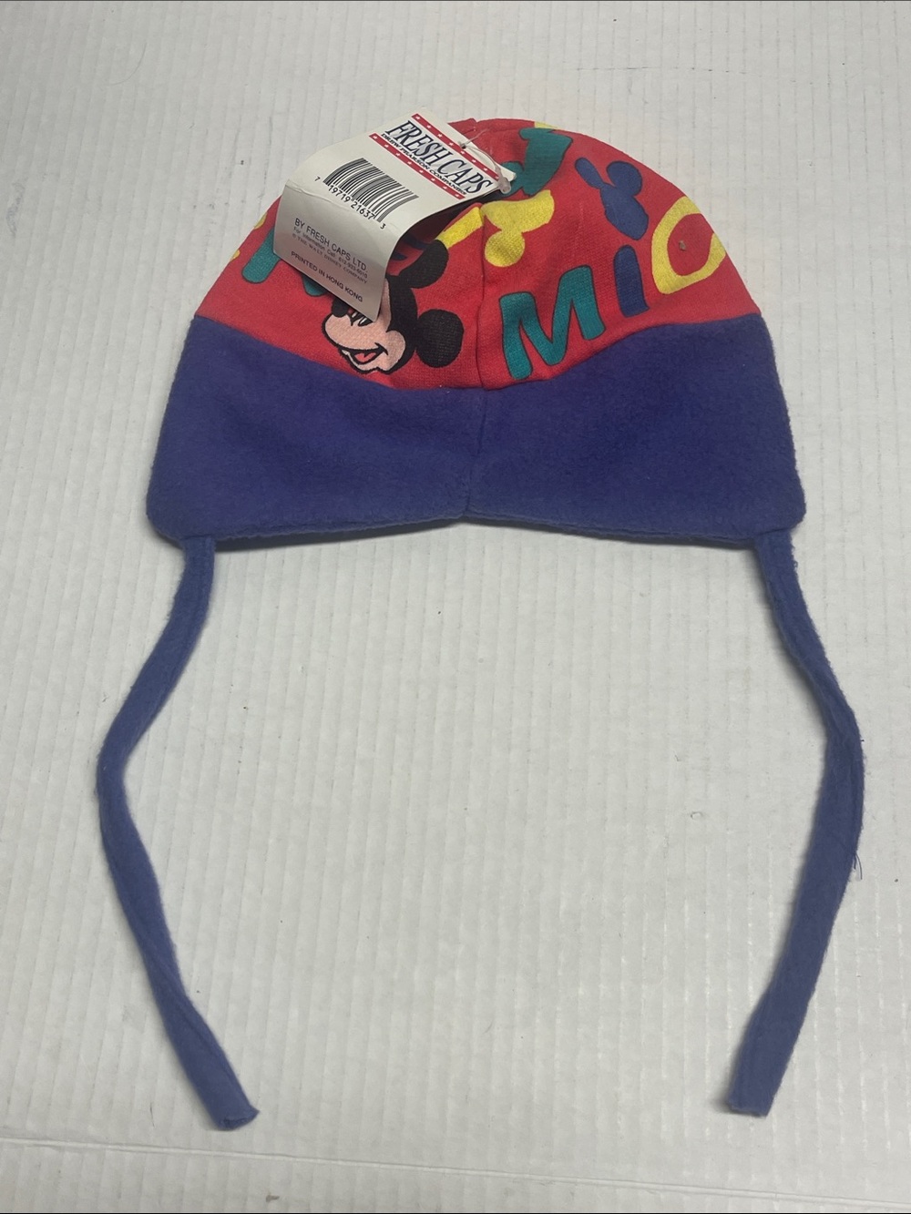 NWT Mickey Mouse Kids Fleece Hat String Tie Red, Purple, Blue, Yellow & Green